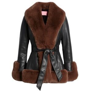 AZALEA WANG Faux Leather Fur Belted
Coat Brown Black Jacket mob Wife Party XL L